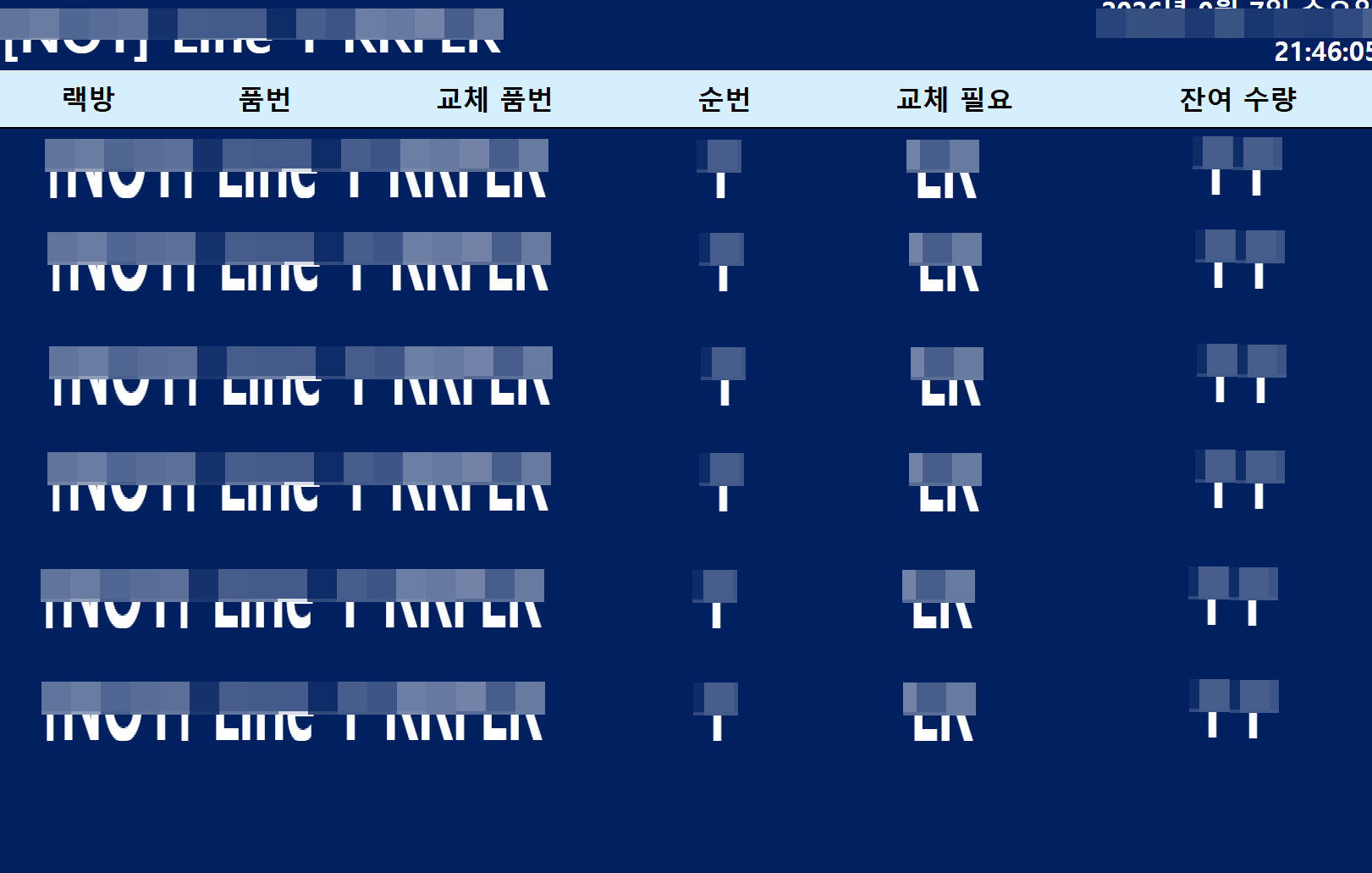 동적물류 테이블 화면 (블러 처리)